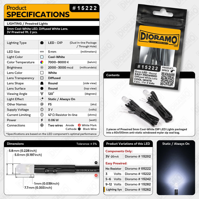 5mm Cool-White LED. Diffused White Lens. 3V Prewired 1ft. 2 pcs.
