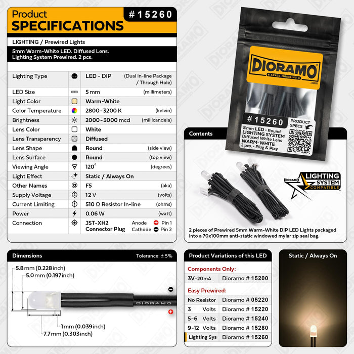 5mm Warm-White LED. Diffused Lens. Lighting System Prewired. 2 pcs.