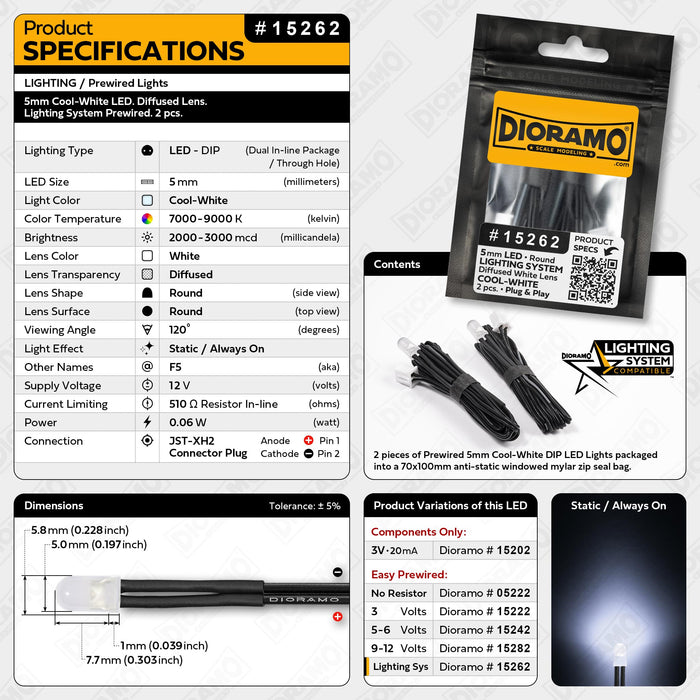 5mm Cool-White LED. Diffused Lens. Lighting System Prewired. 2 pcs.