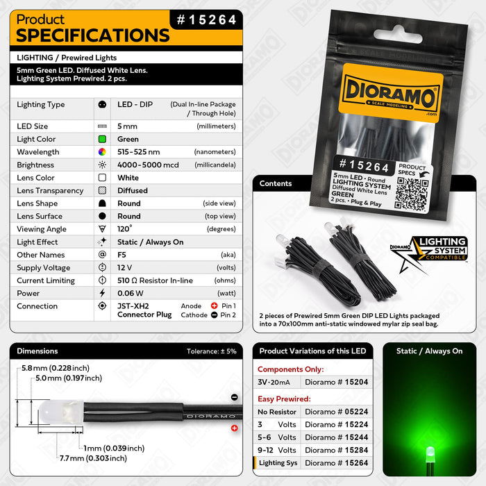 5mm Green LED. Diffused White Lens. Lighting System Prewired. 2 pcs.
