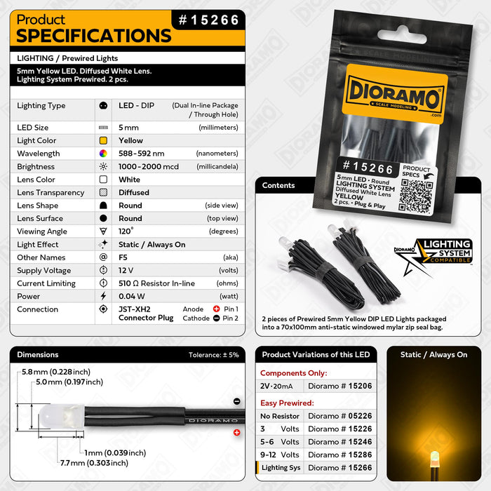 5mm Yellow LED. Diffused White Lens. Lighting System Prewired. 2 pcs.