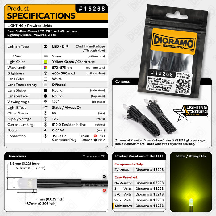 5mm Yellow-Green LED. White Lens. Lighting System Prewired. 2 pcs.