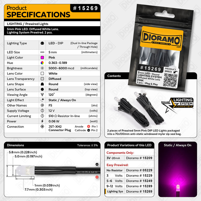 5mm Pink LED. Diffused White Lens. Lighting System Prewired. 2 pcs.