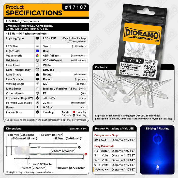 3mm Blue Flashing LED Components. 1.5 Hz. White Lens. Round. 10 pcs.