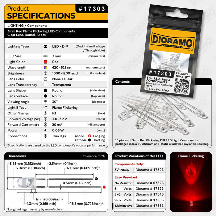 3mm Red Flame Flickering LED Components. Clear Lens. Round. 10 pcs.