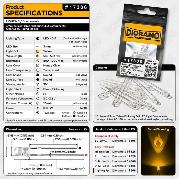 3mm Yellow Flame Flickering LED Components. Clear Lens. Round. 10 pcs.