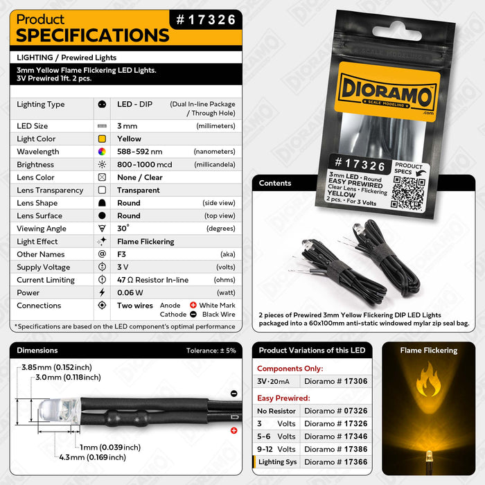 3mm Yellow Flame Flickering LED Lights. 3V Prewired 1ft. 2 pcs.