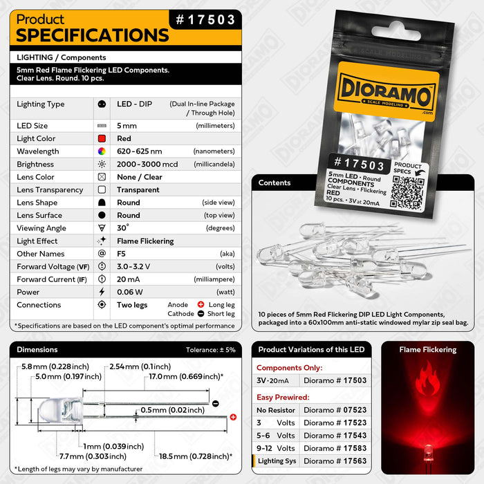 5mm Red Flame Flickering LED Components. Clear Lens. Round. 10 pcs.