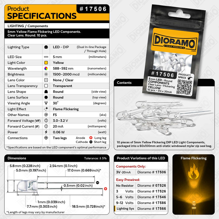 5mm Yellow Flame Flickering LED Components. Clear Lens. Round. 10 pcs.