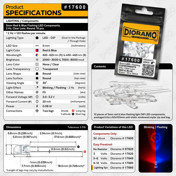5mm Red & Blue Flashing LED Components. 2 Hz. Clear Lens. Round. 10pcs