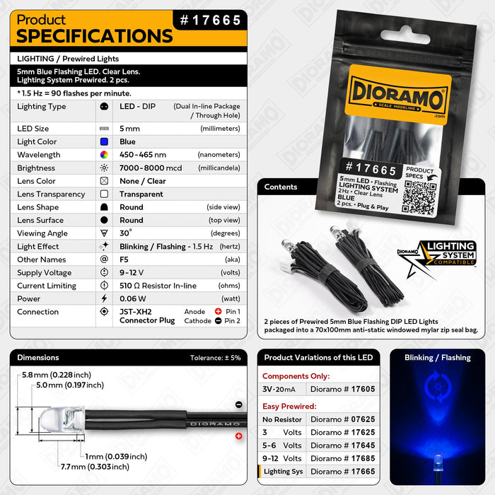 5mm Blue Flashing LED. Clear Lens. Lighting System Prewired. 2 pcs.